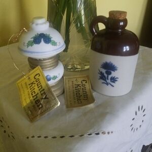 Ceramic Jug  Lamp Bell Set - Brown Blue and White